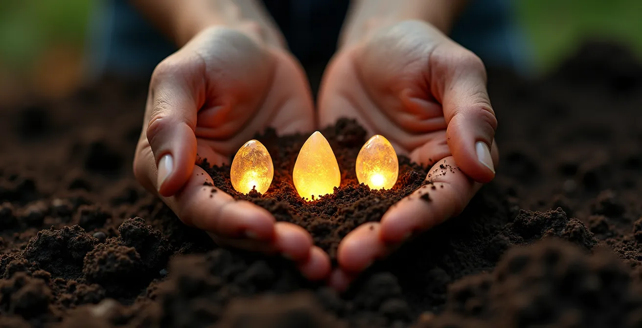 Vista macro di mani che piantano semi luminescenti in terreno fertile digitale