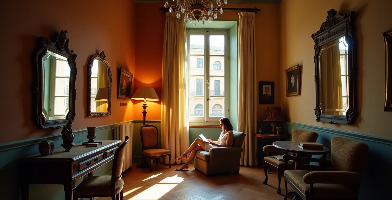 Interno di palazzo storico italiano con gioco di luci naturali e specchi che amplificano la luminosità