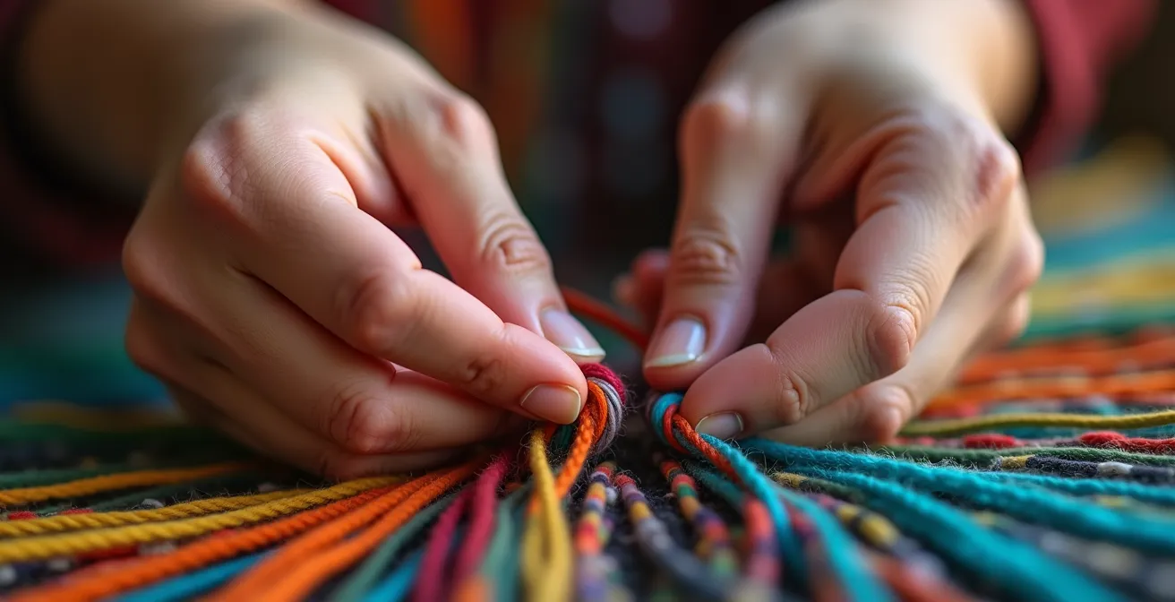Mani che intrecciano fili colorati creando una trama personale unica