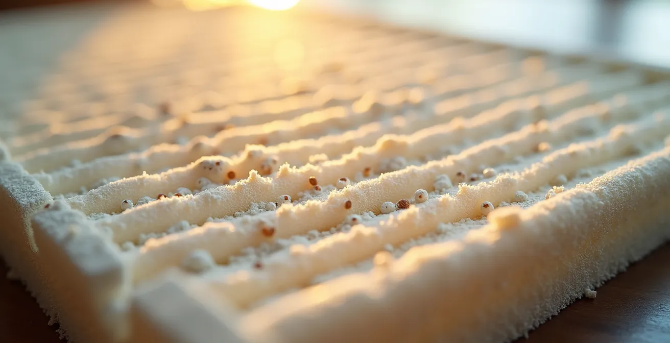 Dettaglio macro di filtro aria con texture visibile che mostra particelle intrappolate