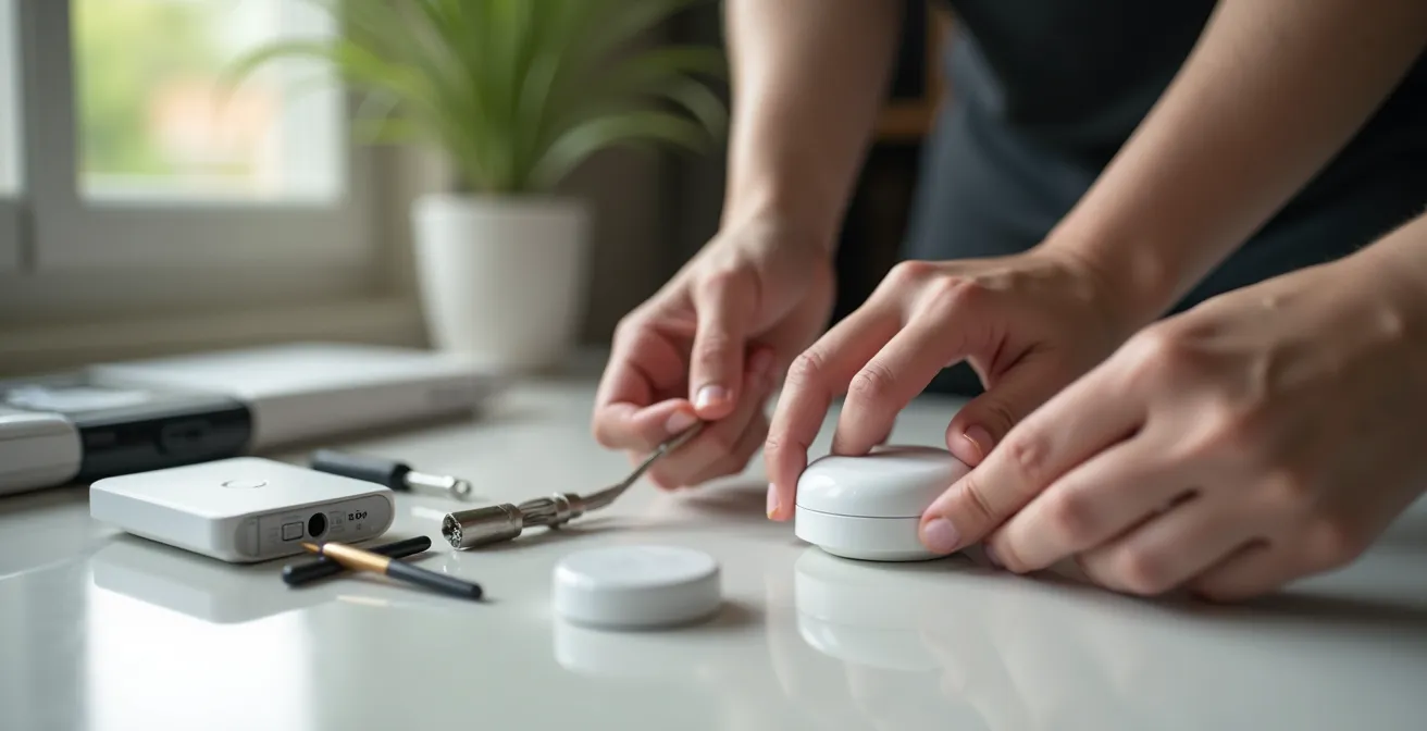 Mano che controlla sensori e dispositivi smart home durante manutenzione periodica