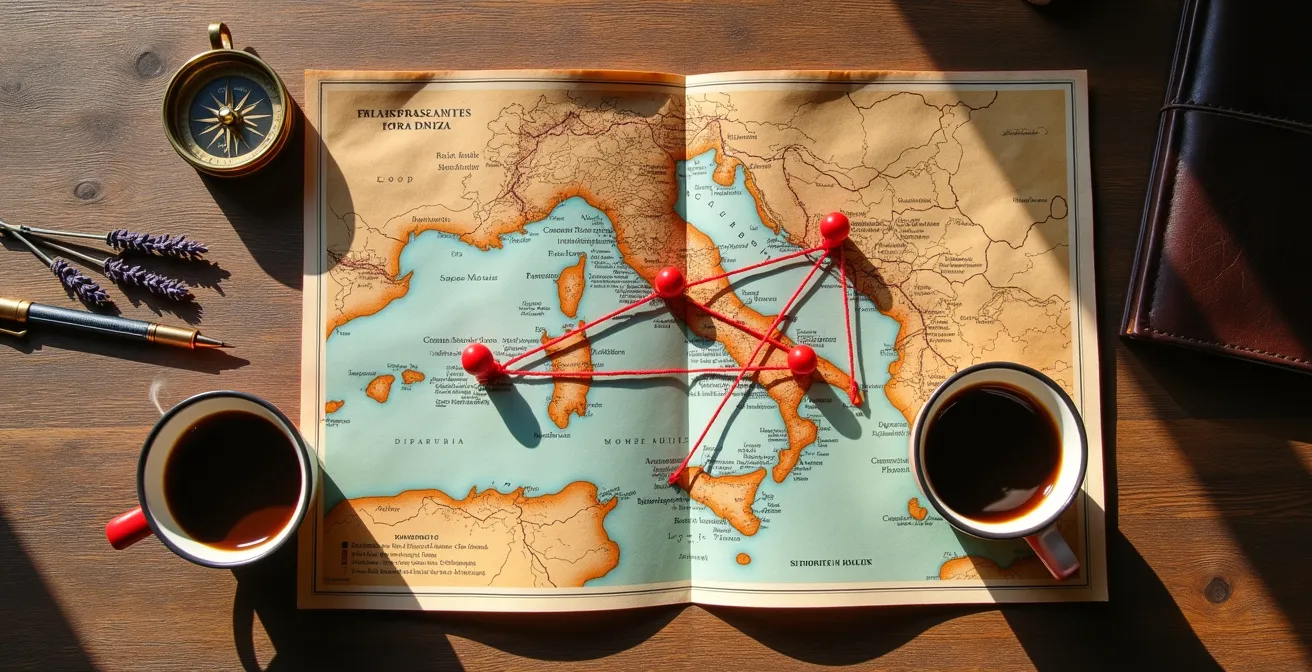 Tavolo rustico con mappa dell'Italia centrale, tazza di caffè e pianificazione di viaggio a raggiera