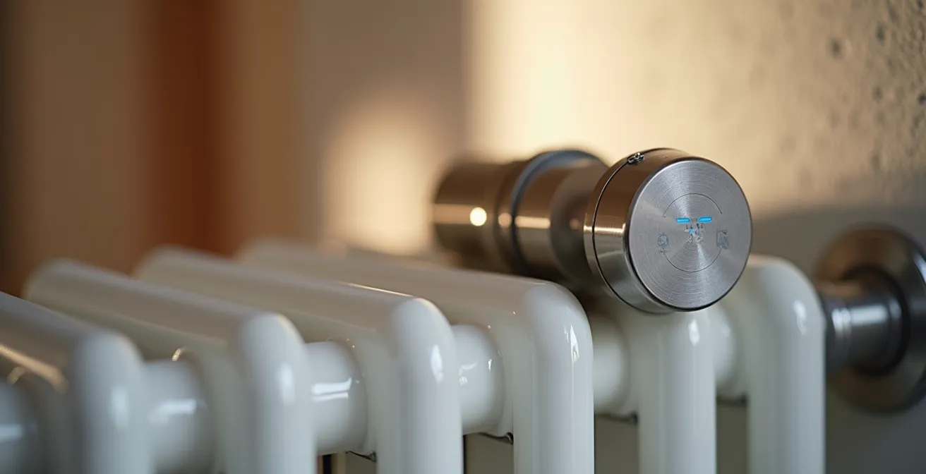 Dettaglio ravvicinato di un sensore di movimento e valvola termostatica smart installati