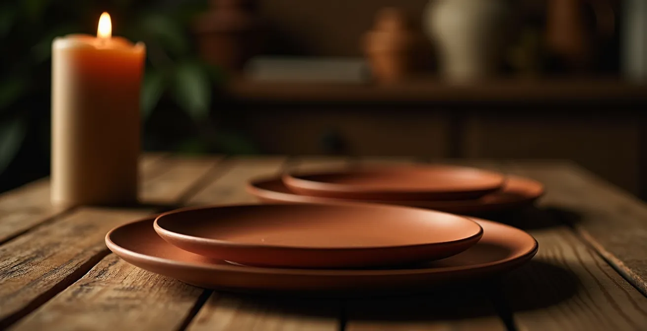Tavola italiana con piatti vuoti e candela accesa in atmosfera serena