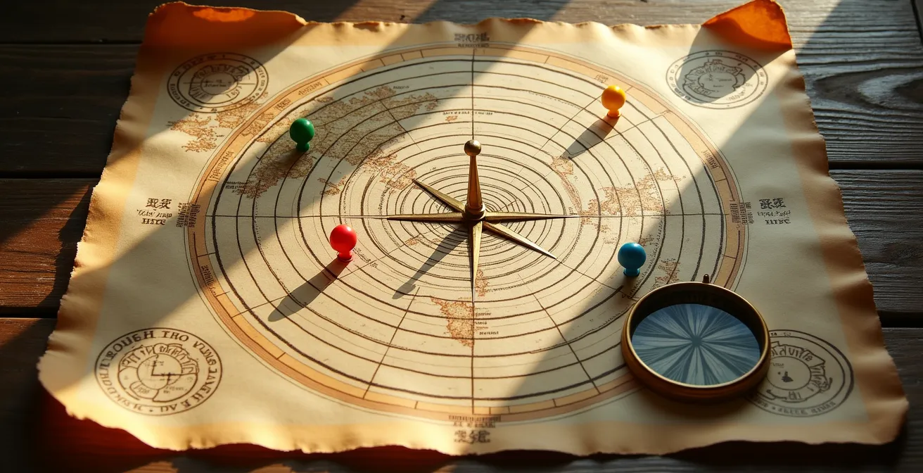 Mappa stilizzata che mostra cerchi concentrici intorno a una destinazione turistica famosa con borghi alternativi evidenziati