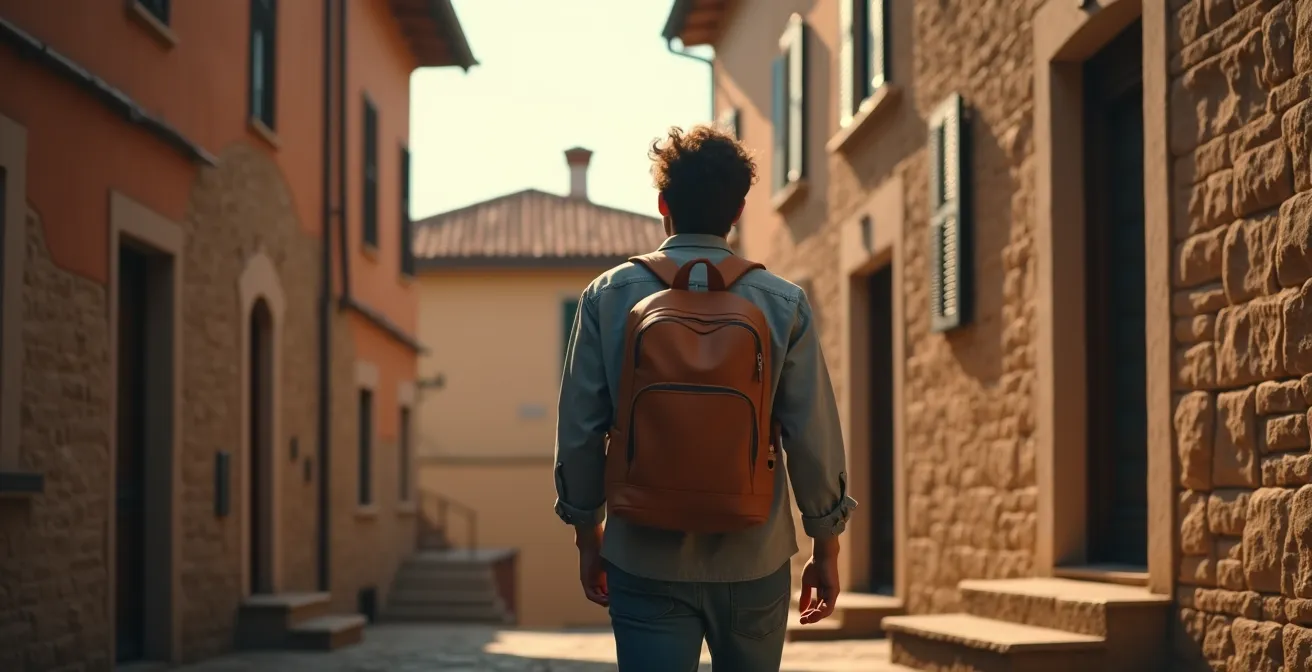 Persona che esplora un borgo italiano vicino casa con lo stesso spirito di scoperta di un grande viaggio