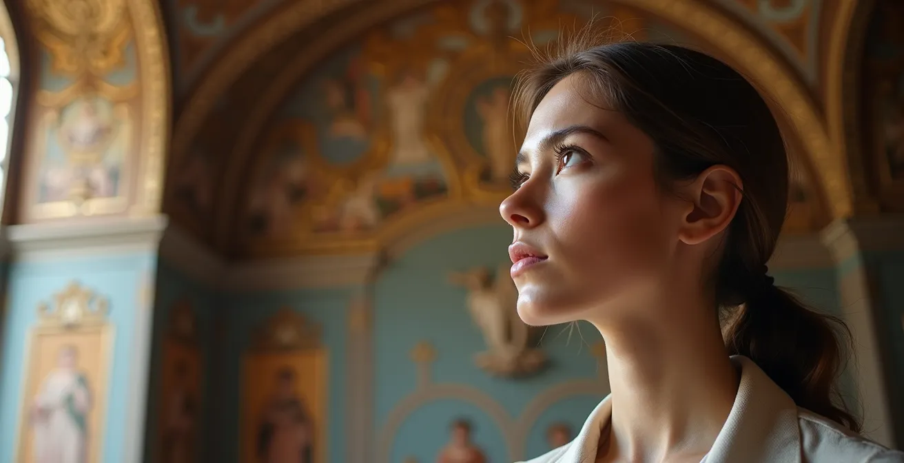 Persona osserva dettaglio architettonico italiano durante pausa meditativa