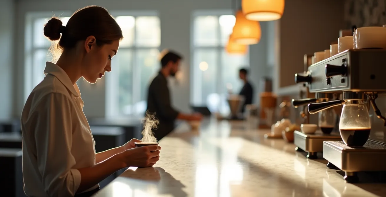 Momento di mindfulness durante la pausa caffè in un bar italiano