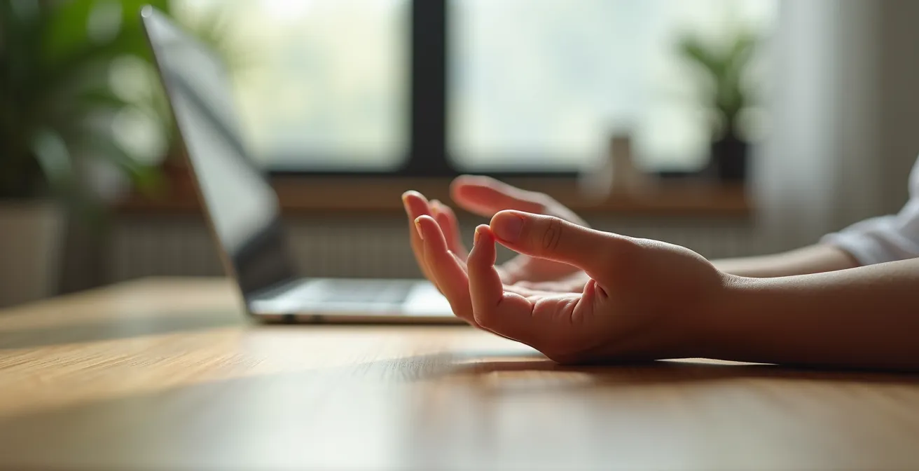 Professionista pratica esercizi di respirazione alla scrivania in ambiente di lavoro sereno