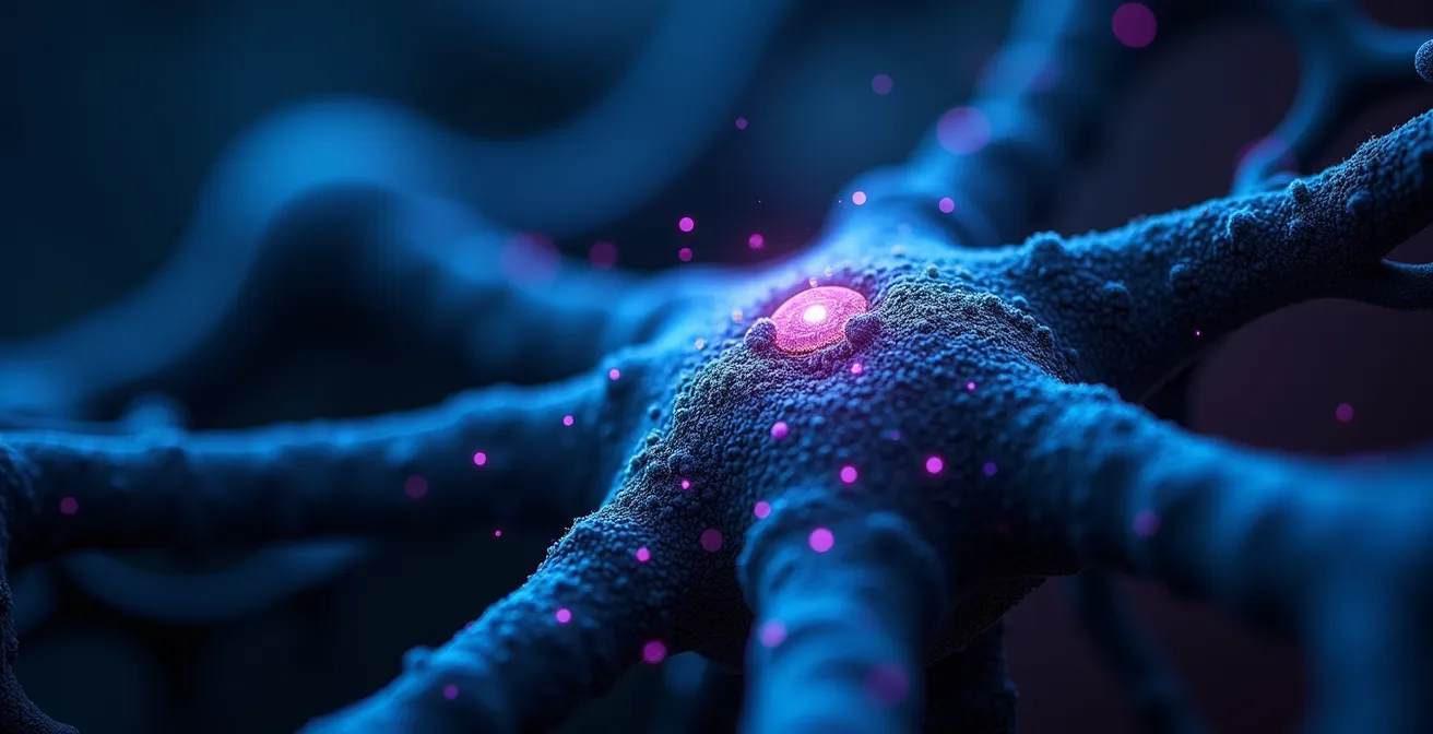 Vista macro di connessioni neurali illuminate nel cervello