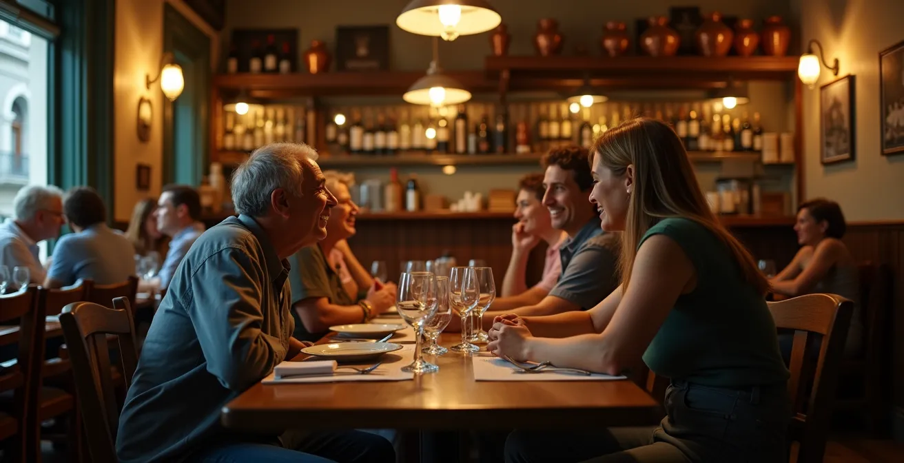 Interno accogliente di un'osteria tradizionale con abitanti del posto