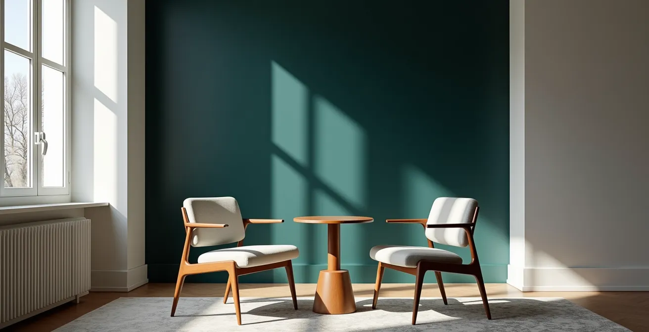 Parete d'accento blu petrolio in monolocale con mobili chiari e luminosi