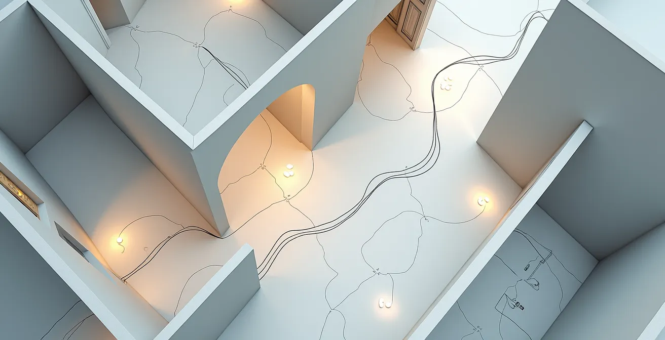 Vista dall'alto di una planimetria abitativa con percorsi di movimento evidenziati e zone di decompressione