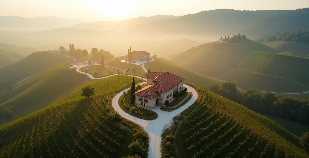 Vista aerea di un paesaggio collinare italiano con vigneti e caseifici collegati da sentieri, a simboleggiare la filiera produttiva.