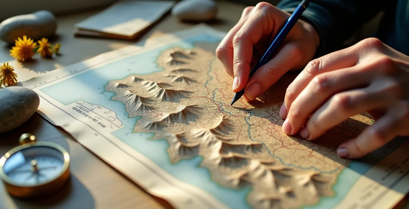 Mani che tracciano un percorso su una mappa topografica italiana con oggetti simbolici del viaggio di crescita