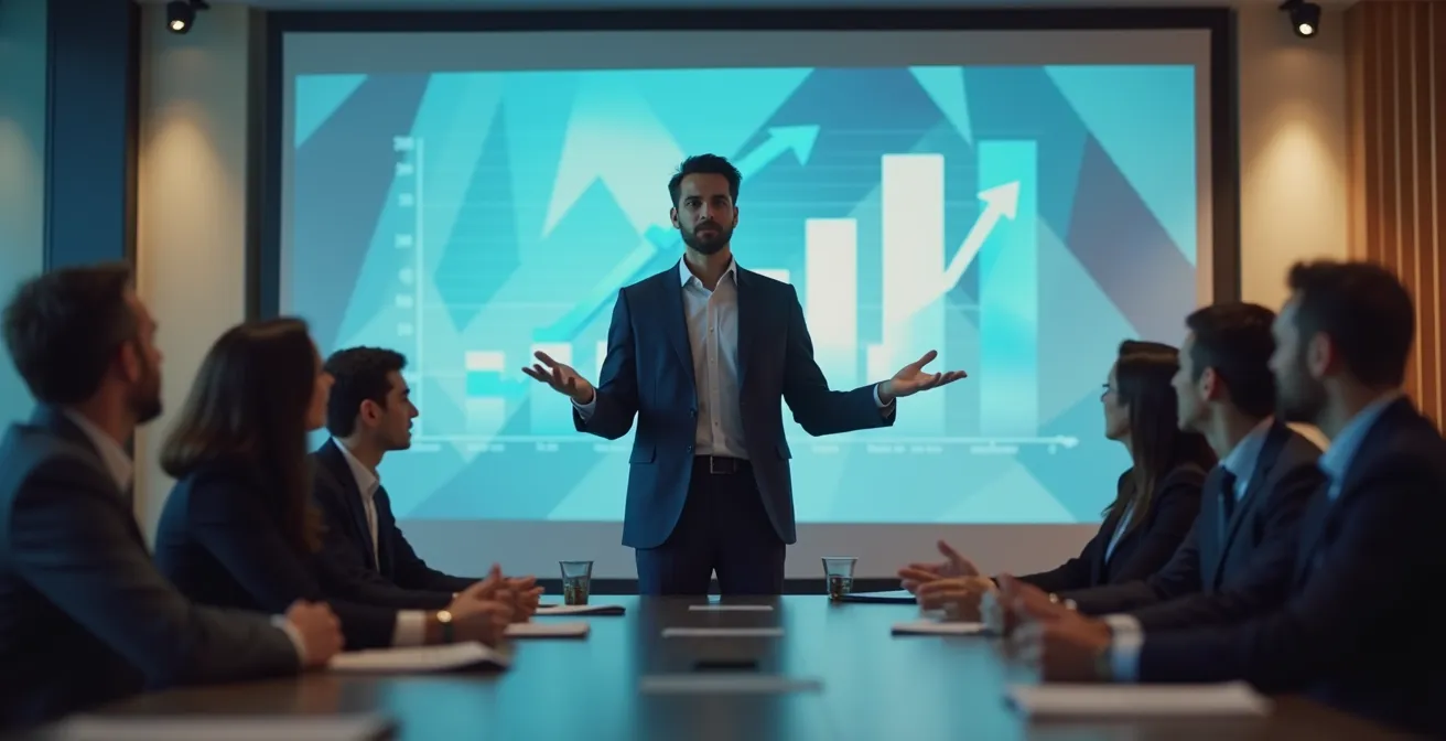 Manager italiano presenta piano di sviluppo con grafici proiettati su parete