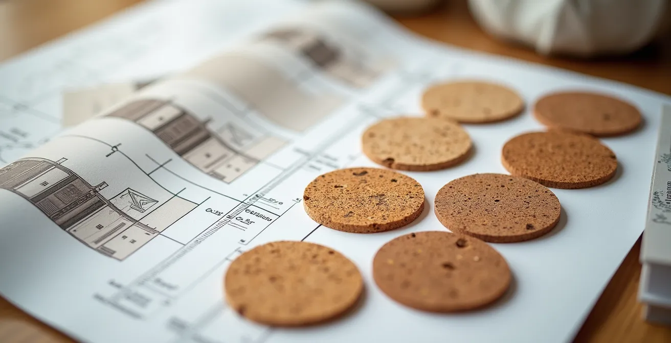 Tavolo con documenti di progetto, campioni di materiali naturali e calendario quinquennale