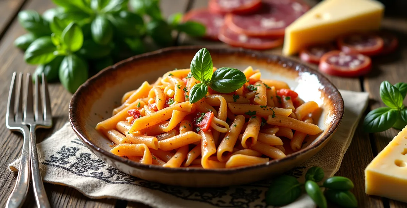 Composizione artistica di un piatto tradizionale italiano con ingredienti locali disposti intorno