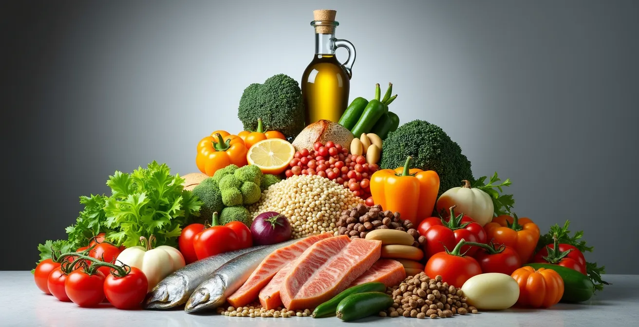 Interpretazione visiva moderna della piramide alimentare mediterranea adattata per lavoratori sedentari