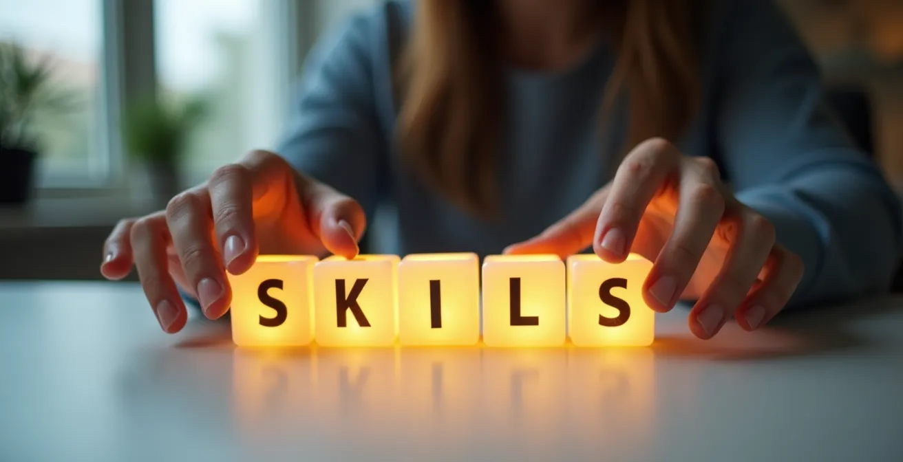 Professionista che costruisce un ponte con blocchi luminosi rappresentanti diverse competenze