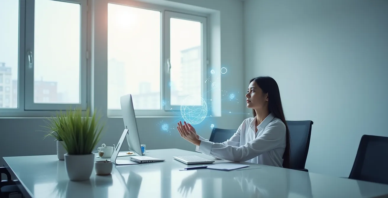 Professionista che lavora al computer con elementi grafici fluttuanti che rappresentano connessioni e opportunità di networking