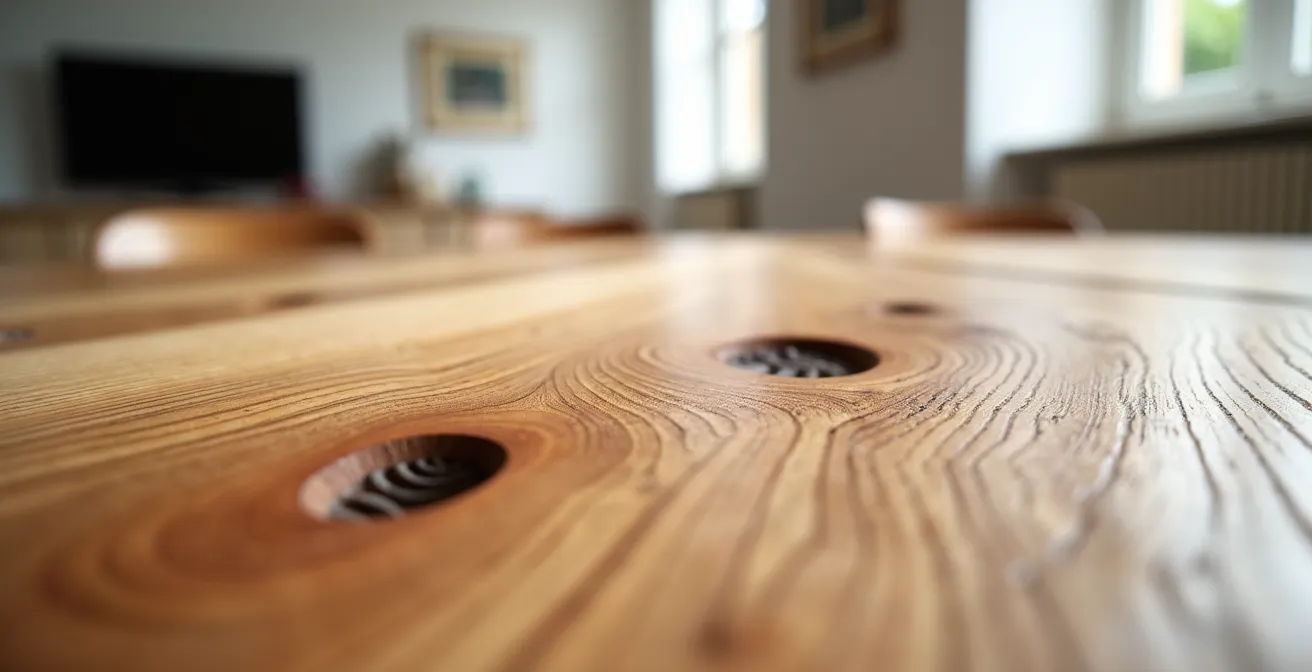 Dettaglio ravvicinato di un tavolo scultoreo in legno d'ulivo con venature naturali come elemento centrale di design