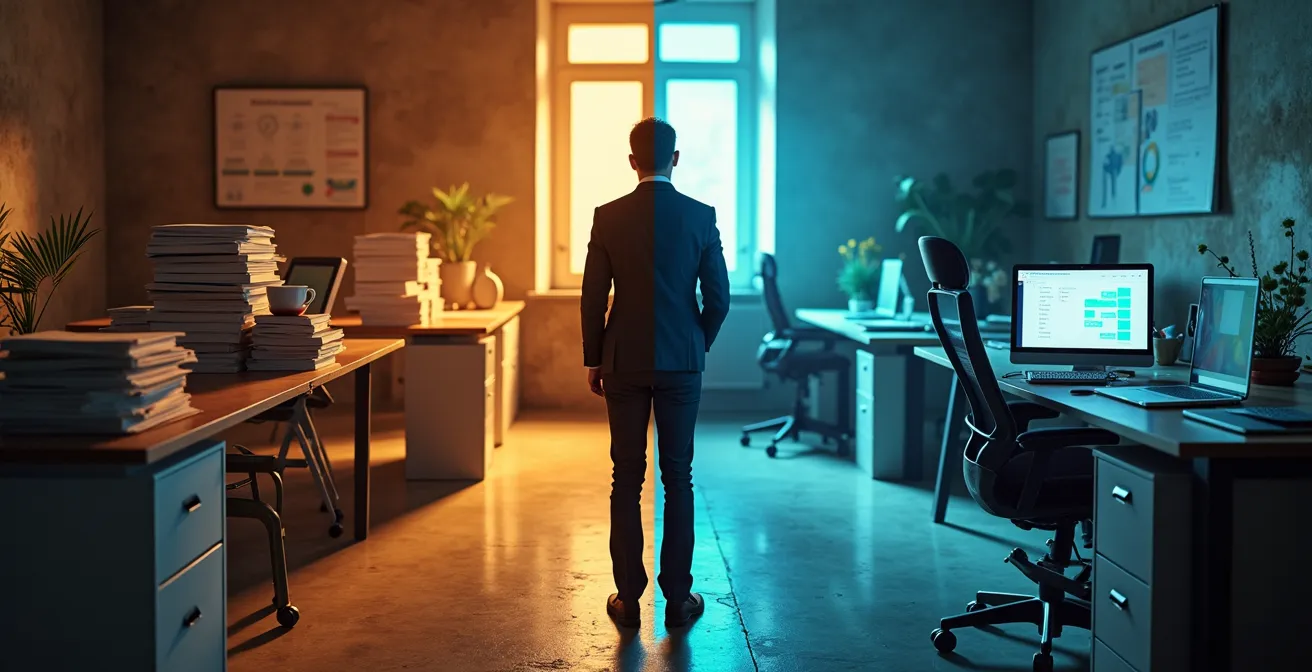 Contrasto visivo tra processi tradizionali cartacei e strumenti digitali in un ambiente lavorativo