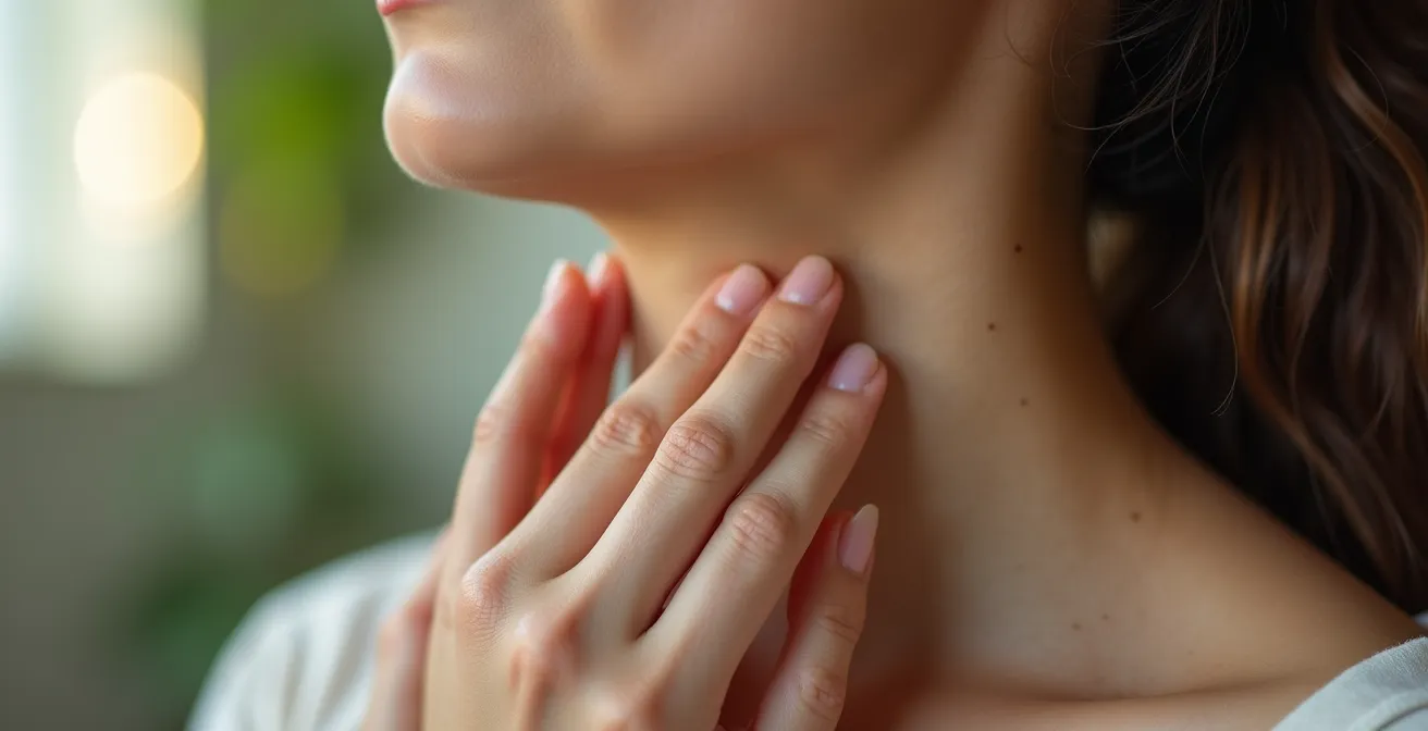 Primo piano macro di mani appoggiate delicatamente sul collo durante esercizio di respirazione