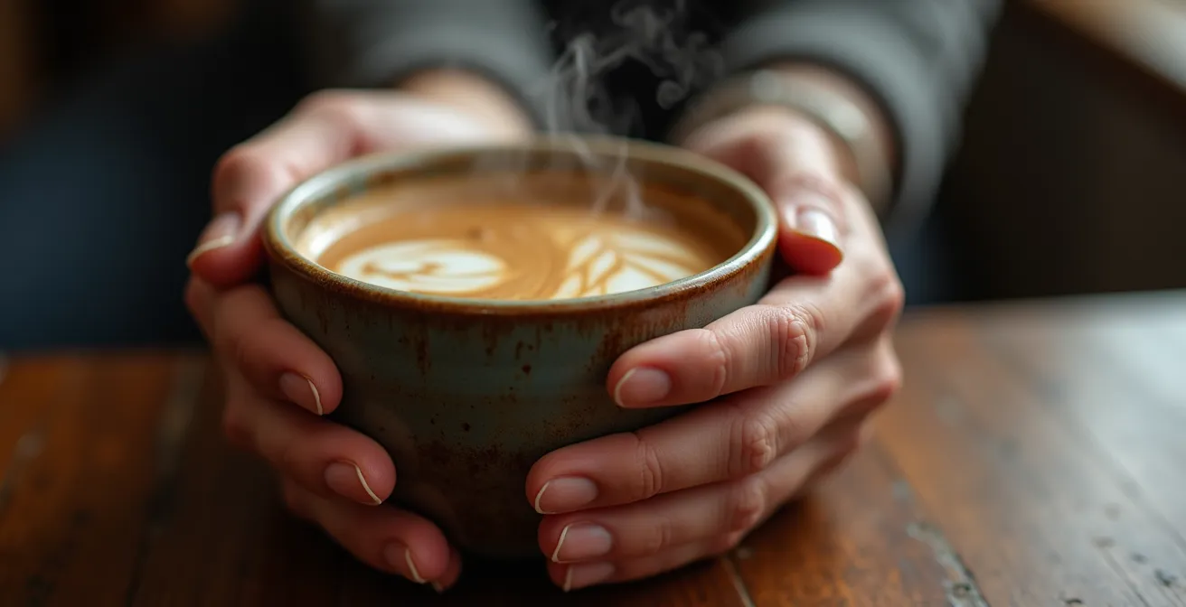 Mani che tengono una tazza di caffè con vapore, momento di mindfulness mattutino