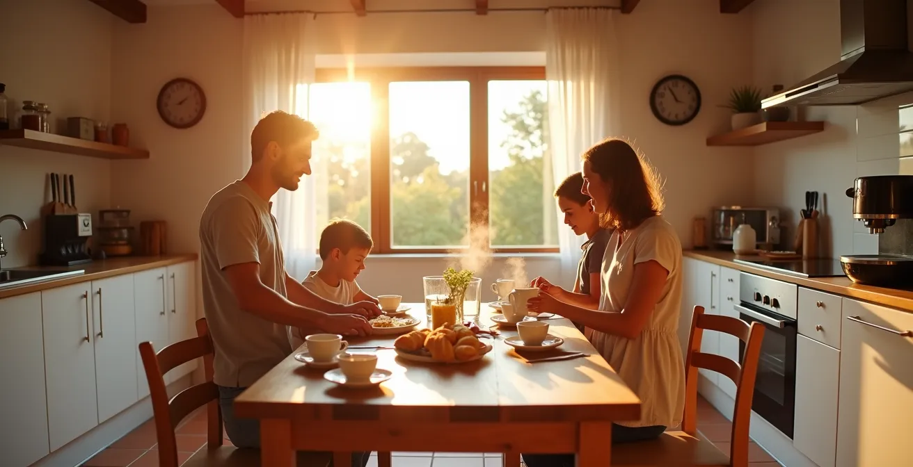 Cucina italiana illuminata al mattino con famiglia che fa colazione
