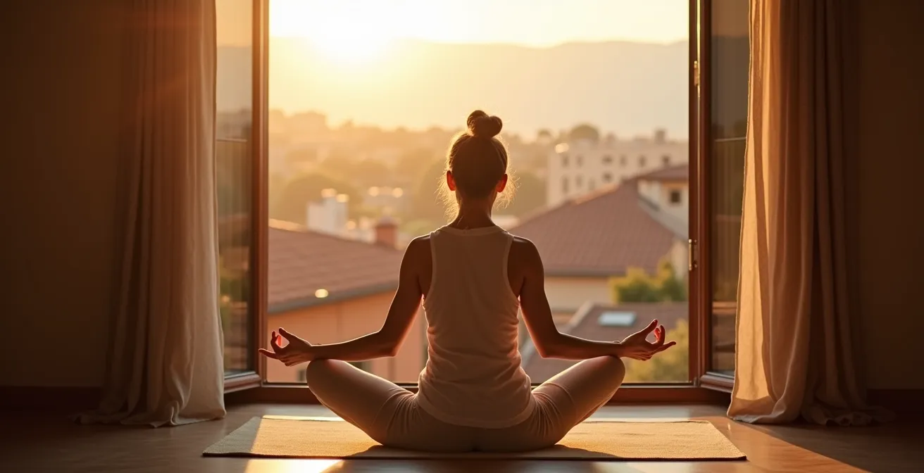 Persona che pratica yoga davanti a una finestra aperta con vista sui tetti di una città italiana all'alba