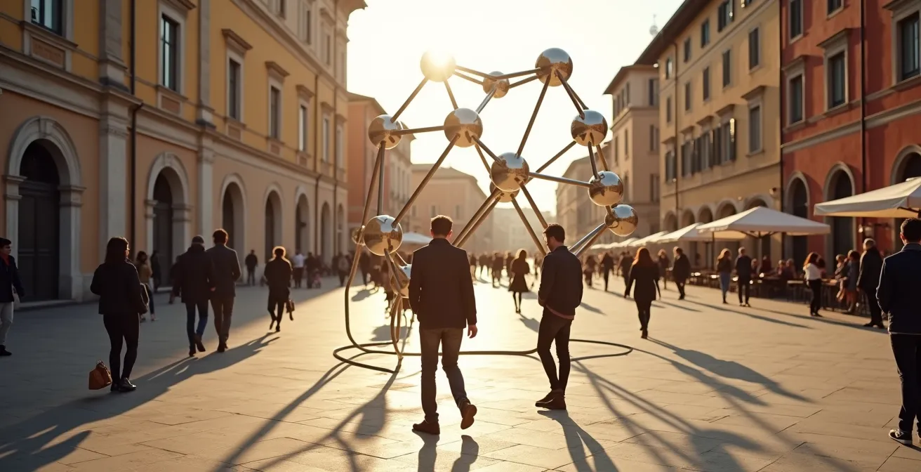 Semaforo verde con simboli astratti di connessione e integrazione tecnologica