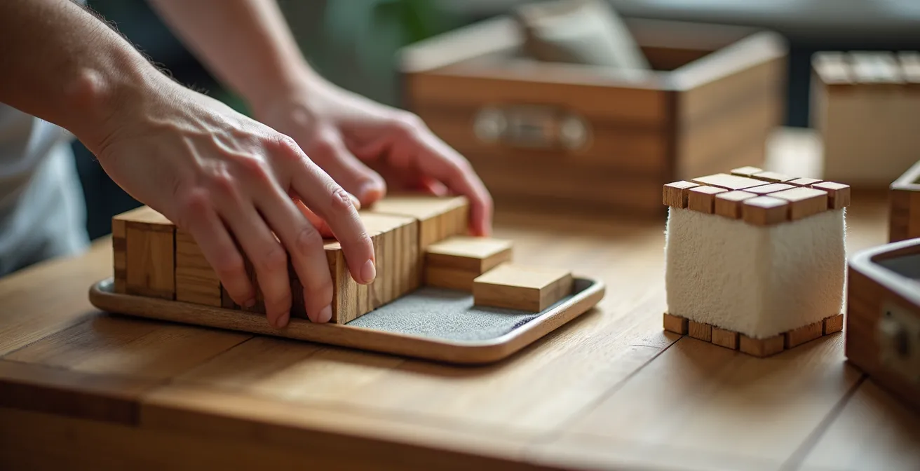 Vista macro di mani che organizzano oggetti modulari su superficie in legno