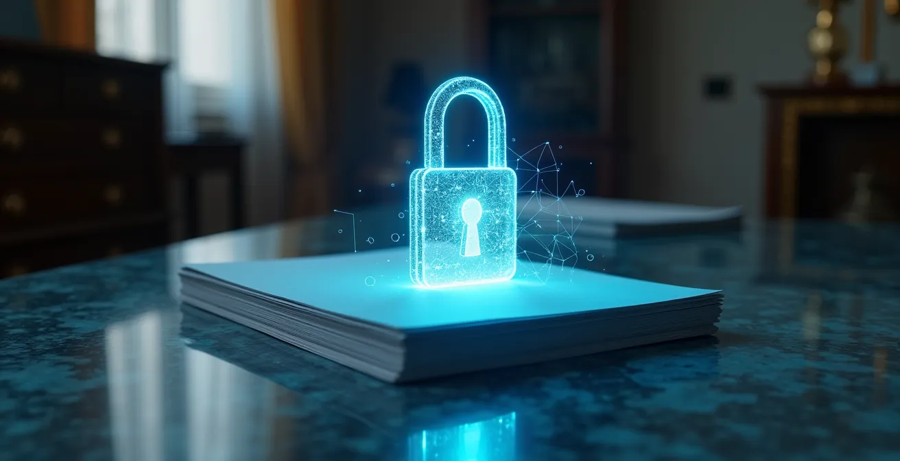 Vista simbolica di lucchetto digitale e documenti protetti in ambiente italiano