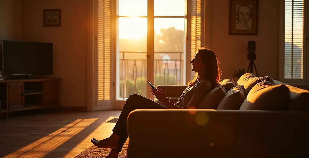 Ampio soggiorno italiano con tapparelle automatizzate e illuminazione ambientale intelligente