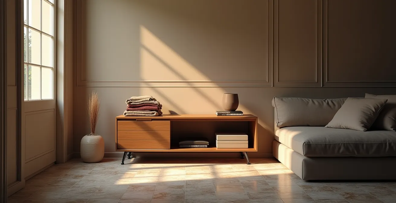 Dettaglio ravvicinato di un angolo soggiorno con elementi mobili che suggeriscono doppia funzione lavoro e relax