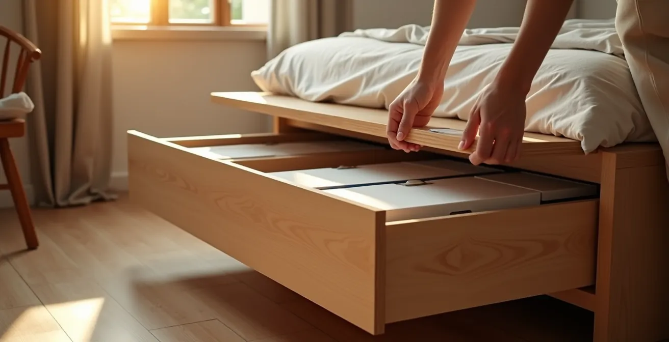 Angolo di appartamento italiano con mobili contenitori integrati e pedana rialzata