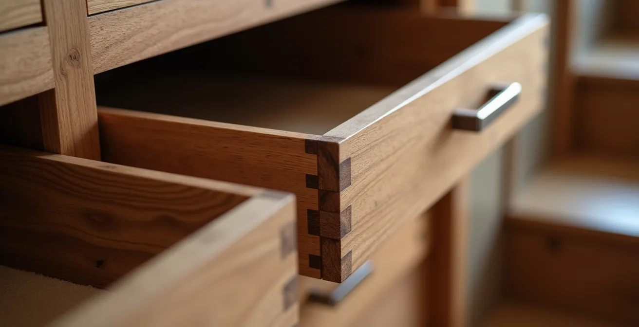 Dettaglio ravvicinato di mobile su misura in legno sotto scala