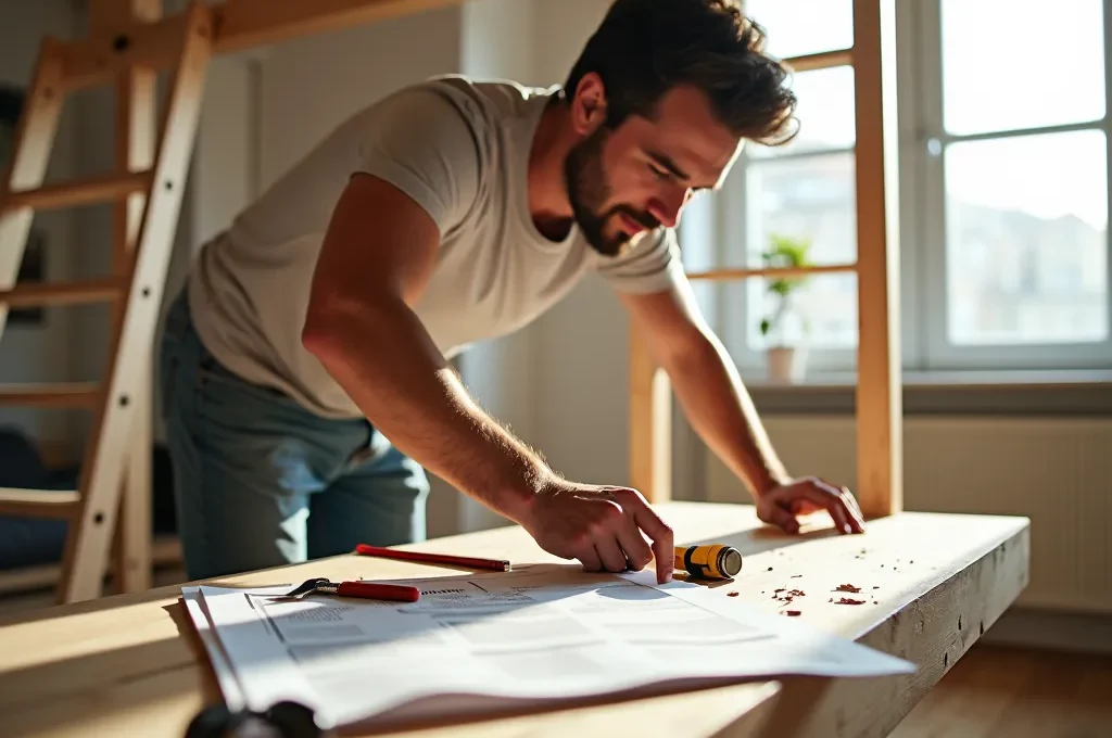 Soppalco in legno chiaro in fase di montaggio con scala e struttura modulare