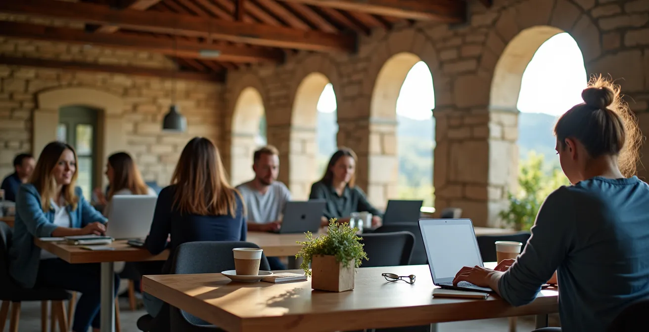 Spazio di coworking moderno integrato in un antico palazzo storico con giovani professionisti al lavoro