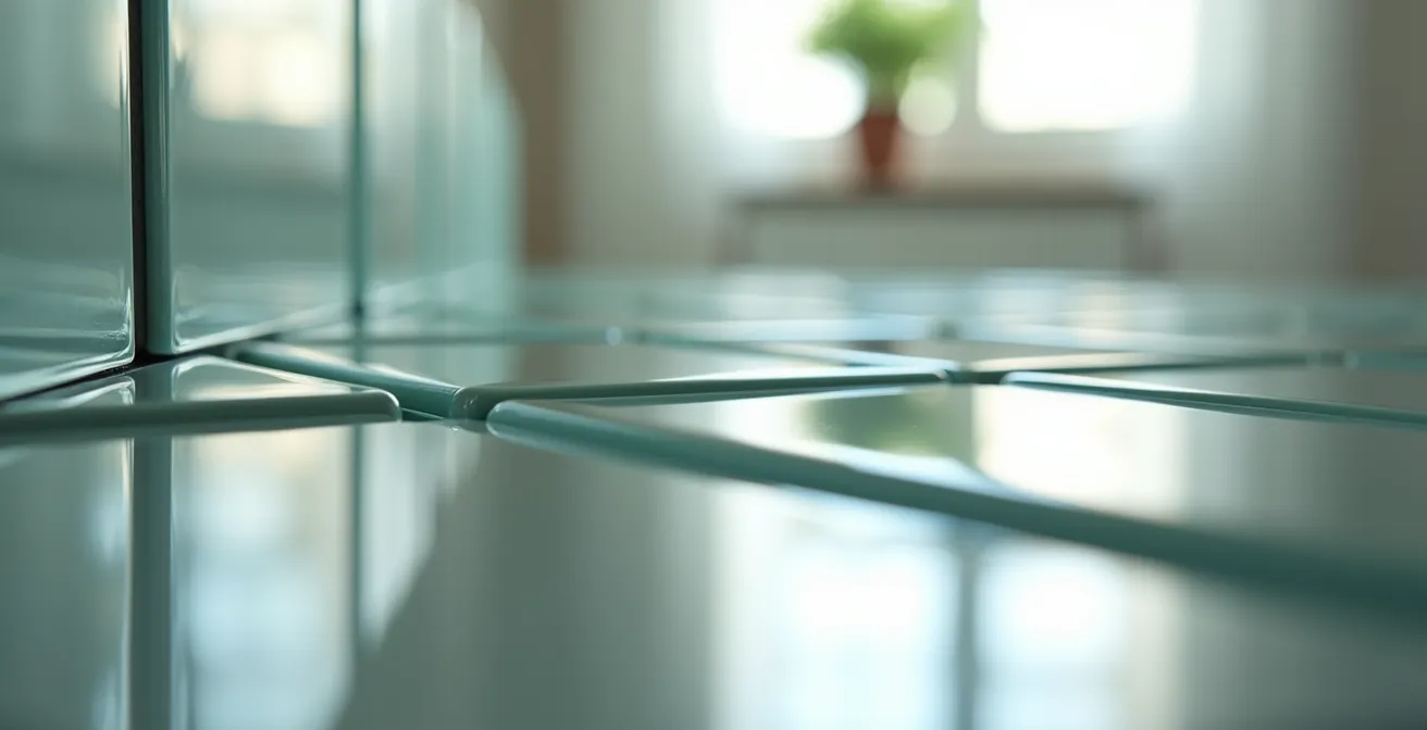 Dettaglio ravvicinato di piastrelle a specchio autoadesive su parete che riflettono lo spazio