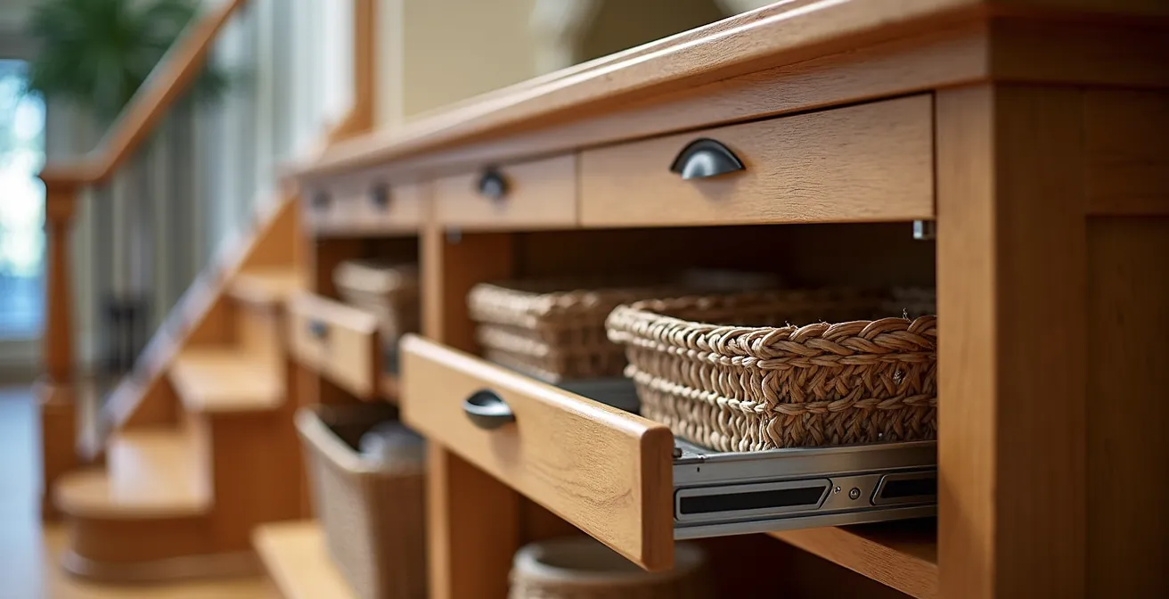 Vano sottoscala ottimizzato con sistema di cestelli estraibili e illuminazione integrata