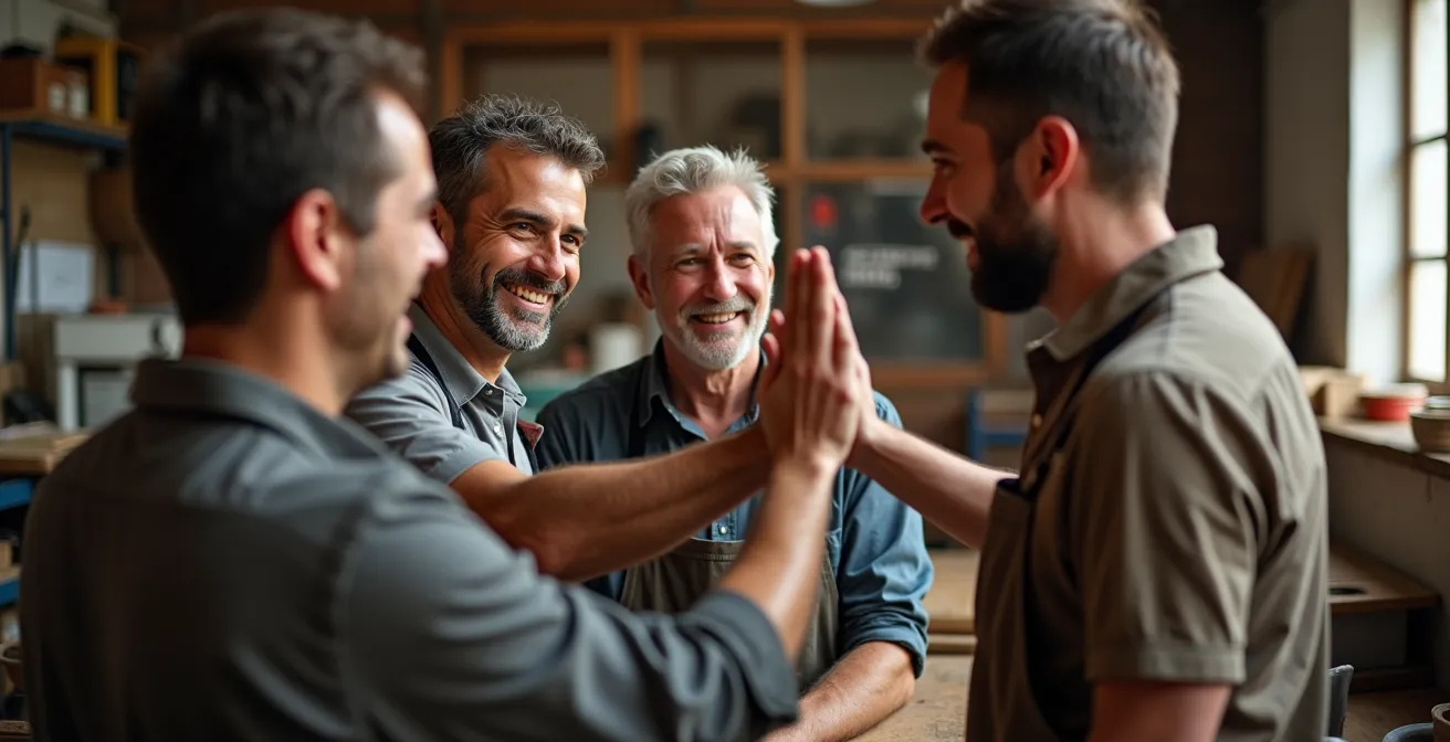 Team di piccola impresa italiana che celebra successo trasformazione digitale