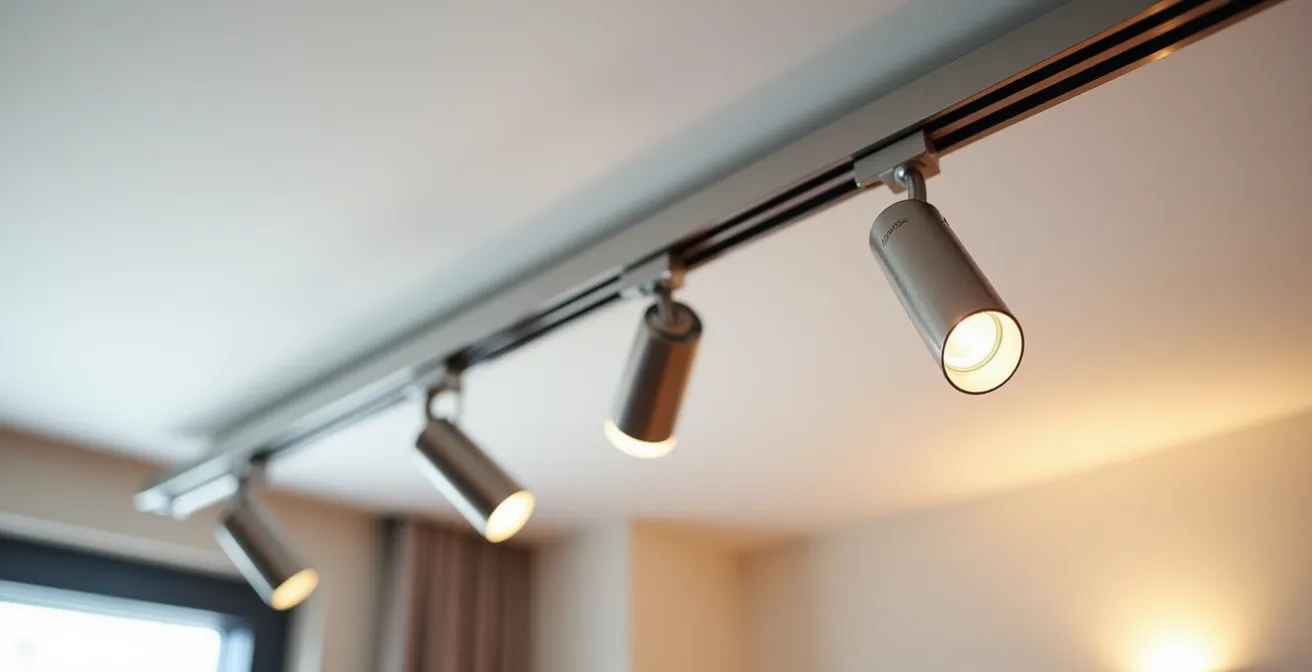 Dettaglio macro di un sistema di illuminazione a binario montato a soffitto con tecnologia smart in un appartamento moderno italiano