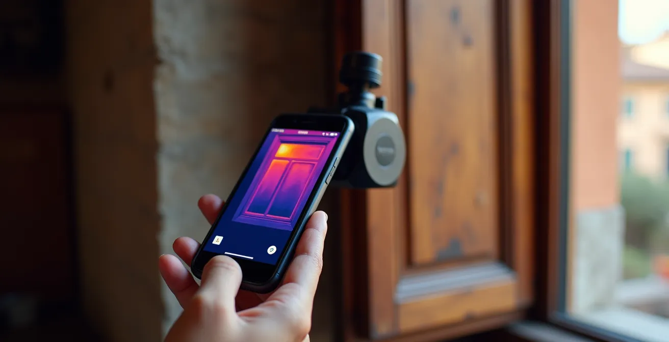 Mano che utilizza termocamera su smartphone per rilevare dispersioni termiche su finestra