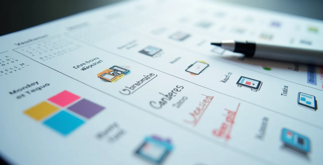 Calendario mensile con icone di valutazione tecnologica e note scritte a mano