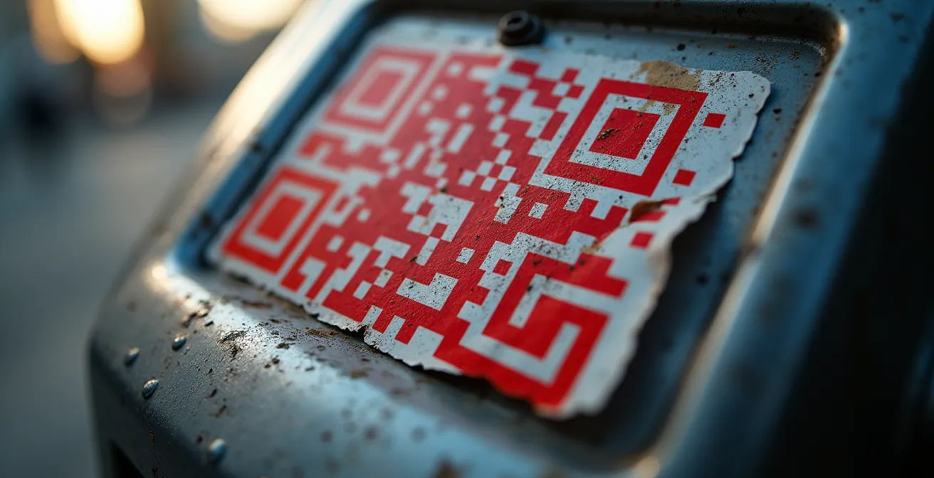 Dettaglio macro di un adesivo QR code sovrapposto con effetto di warning