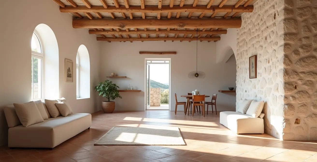 Interno di un trullo pugliese restaurato con pietra locale e tecniche moderne
