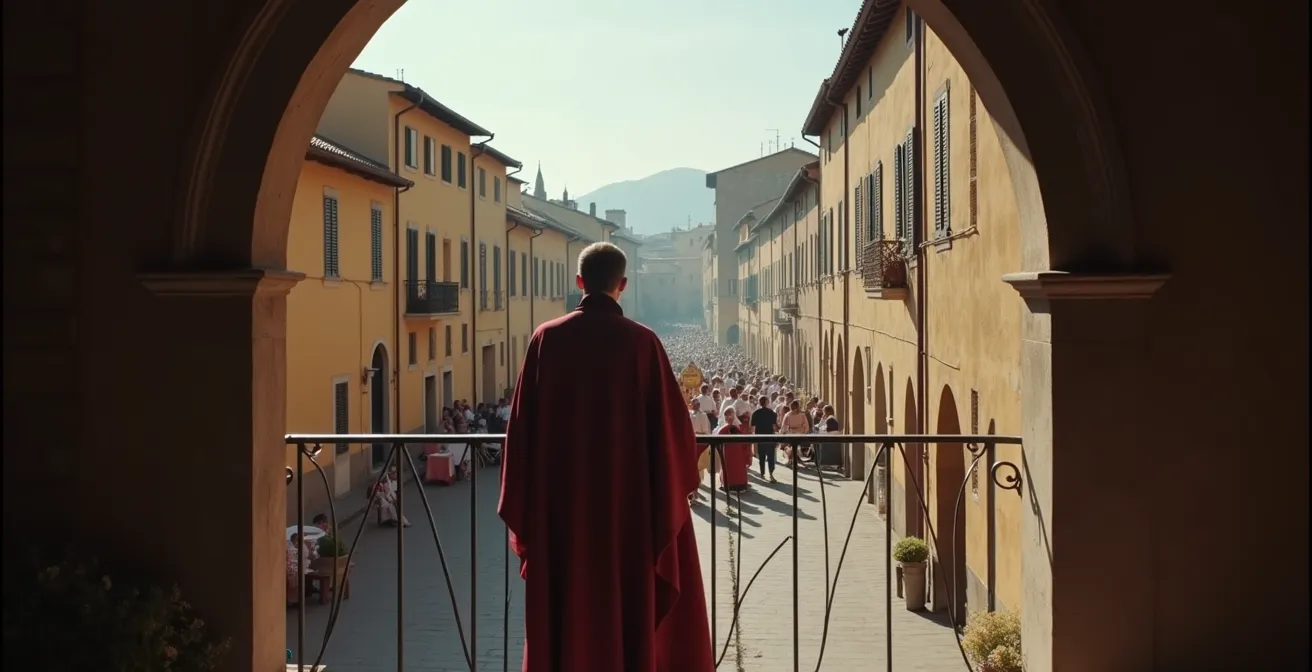 Un turista osserva con rispetto una processione religiosa italiana da una distanza appropriata, senza disturbare.