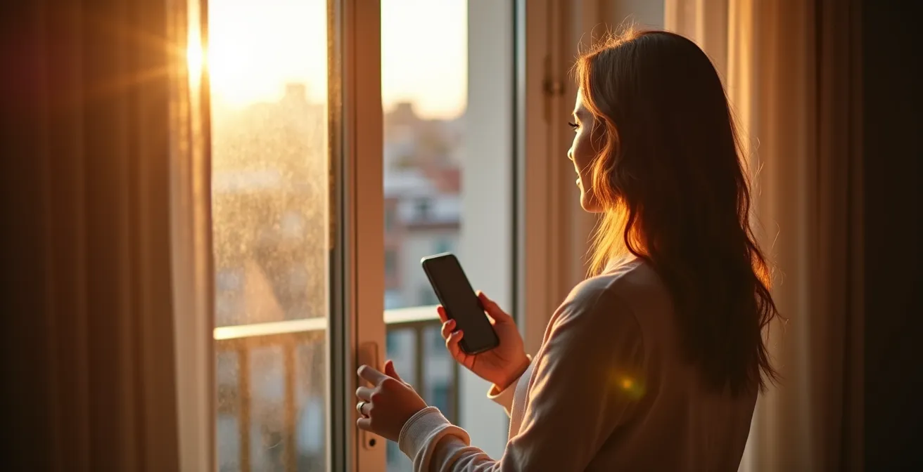 Persona che apre finestre di casa consultando smartphone per verificare qualità aria esterna